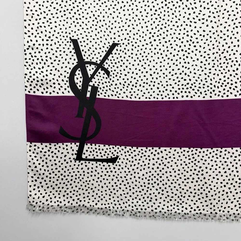 Vintage YSL 100% Silk Shawl Scarf Purple Wide Stripe Black White Dots 36